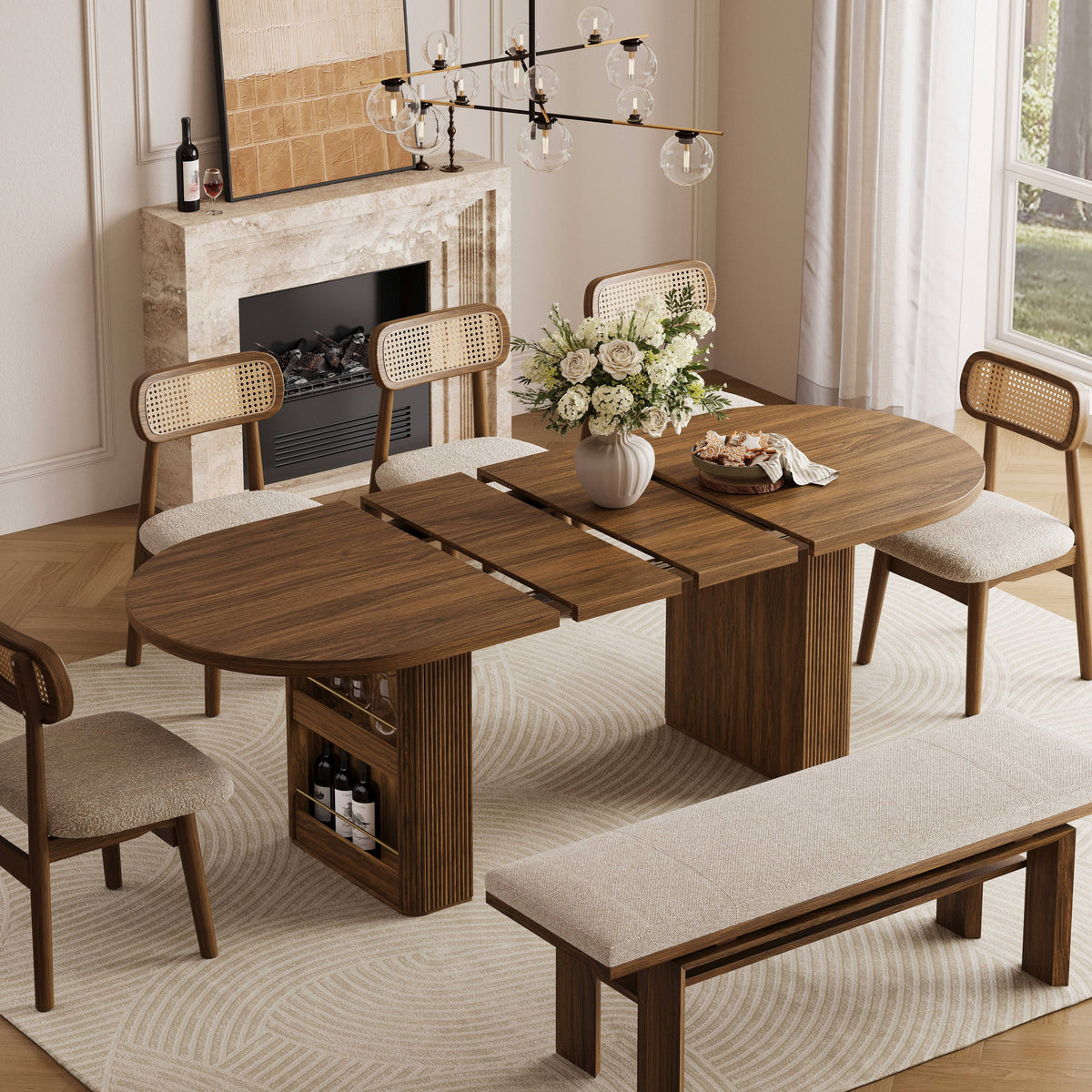 63"–86" Extendable Dining Table for 4–10 People, Large Wood Dining Table with Fluted Base