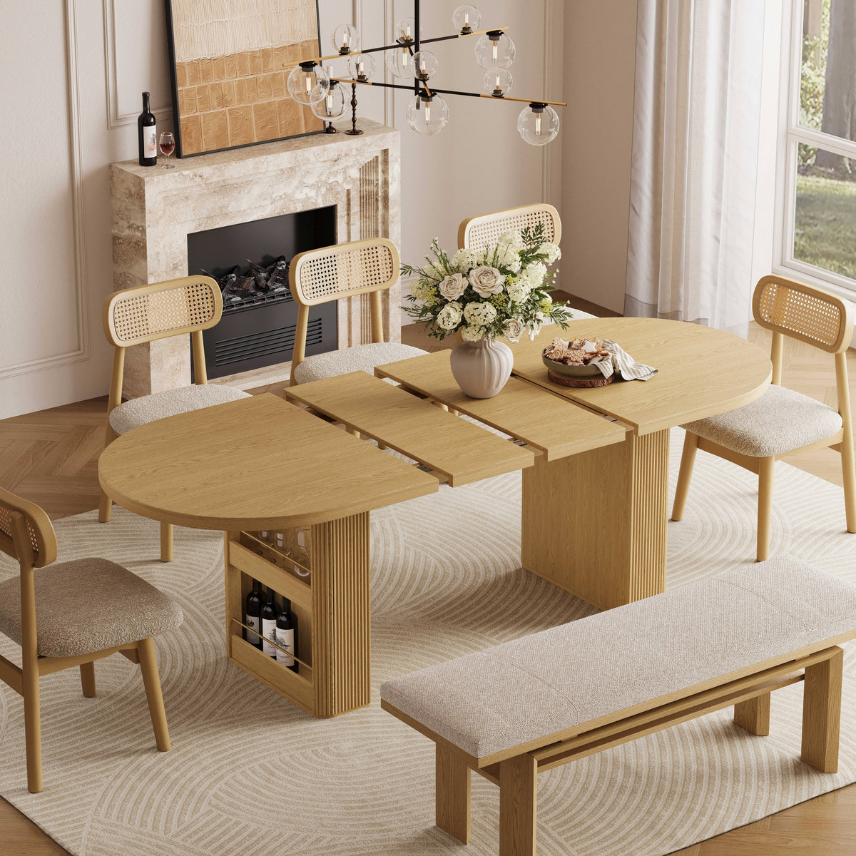 63"–86" Extendable Dining Table for 4–10 People, Large Wood Dining Table with Fluted Base