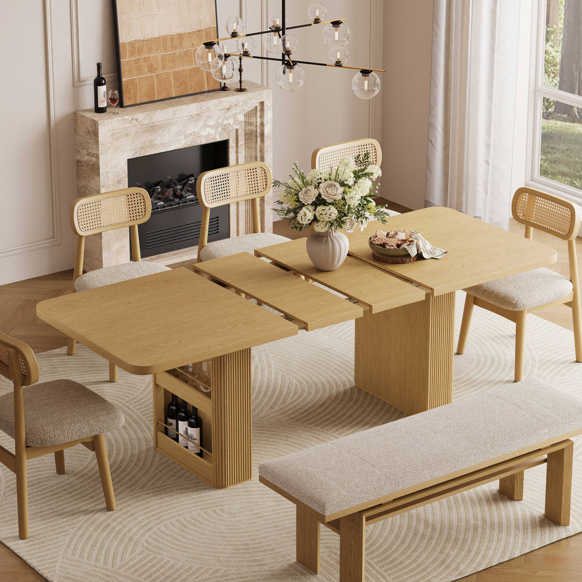 63"–86" Extendable Dining Table for 4–10 People, Large Wood Dining Table with Fluted Base