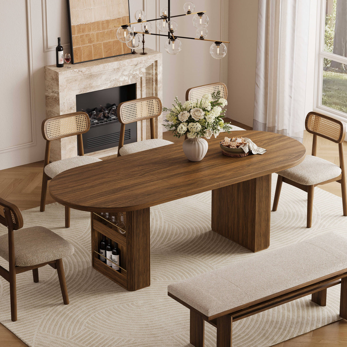 63"–86" Extendable Dining Table for 4–10 People, Large Wood Dining Table with Fluted Base