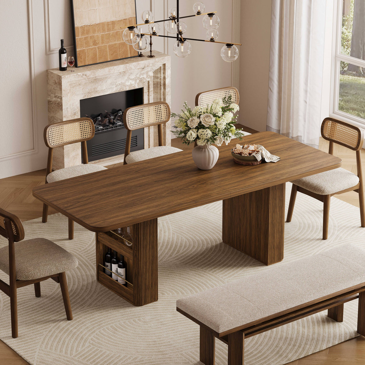 63"–86" Extendable Dining Table for 4–10 People, Large Wood Dining Table with Fluted Base