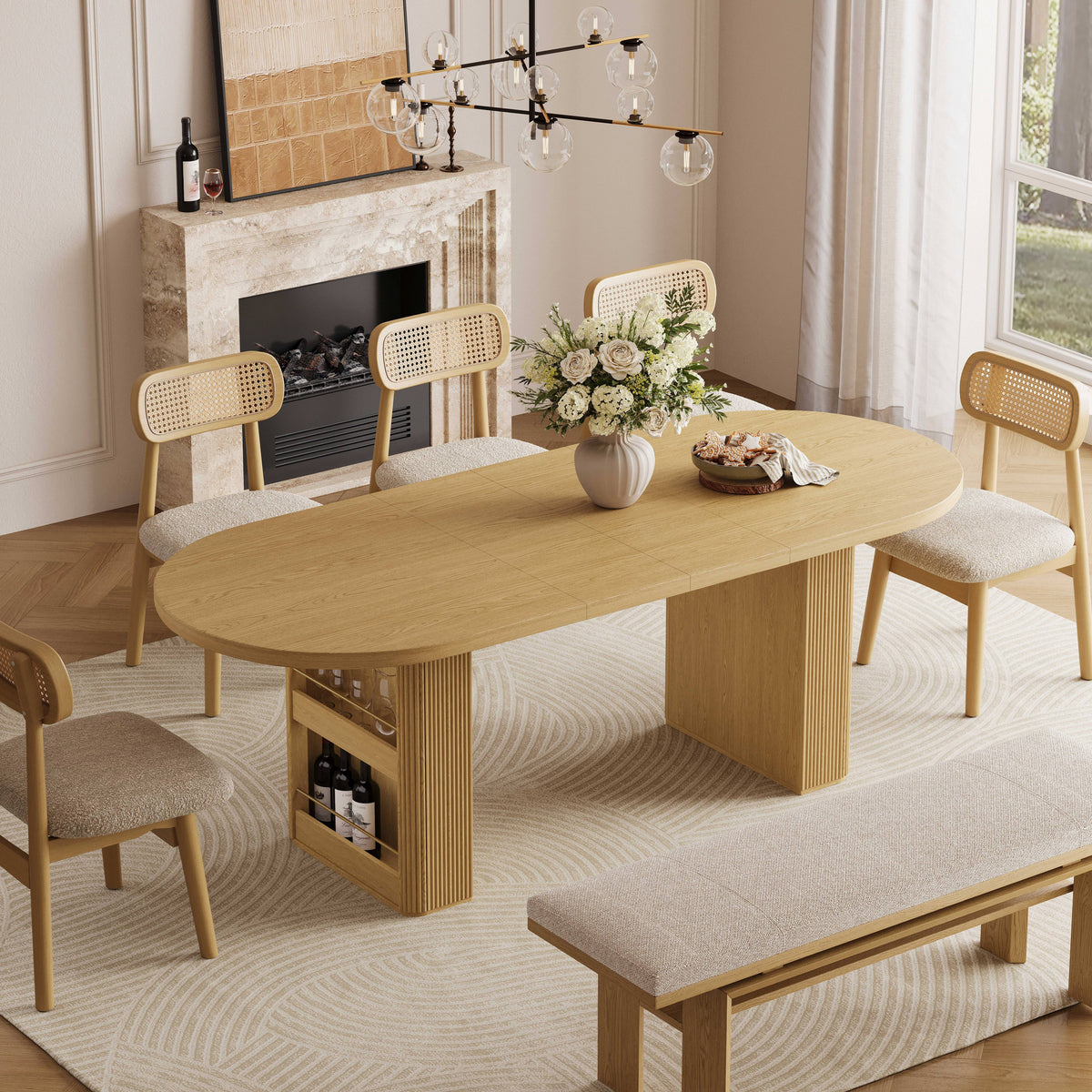 63"–86" Extendable Dining Table for 4–10 People, Large Wood Dining Table with Fluted Base