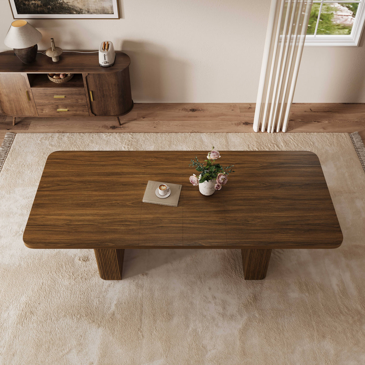 63"–86" Extendable Dining Table for 4–10 People, Large Wood Dining Table with Fluted Base
