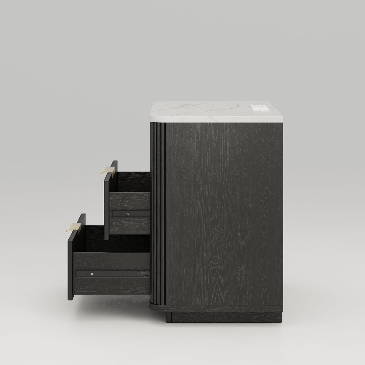 Fluted Nightstand with Charging Station, 2 Drawers & Faux Marble Top