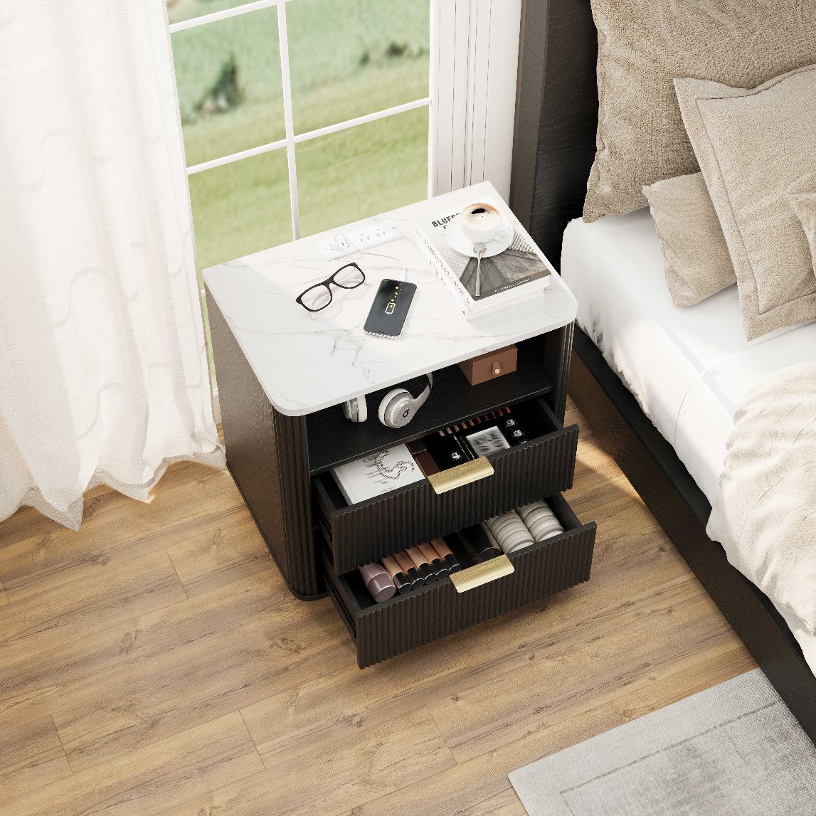 Fluted Nightstand with Charging Station, 2 Drawers & Faux Marble Top