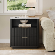 Fluted Nightstand with Charging Station, 2 Drawers & Faux Marble Top