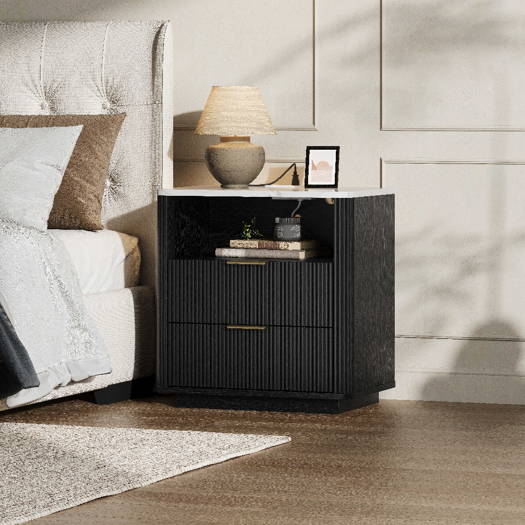 Fluted Nightstand with Charging Station, 2 Drawers & Faux Marble Top