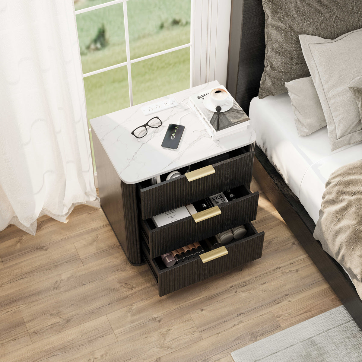 Fluted Nightstand with Charging Station, 3 Drawers & Faux Marble Top