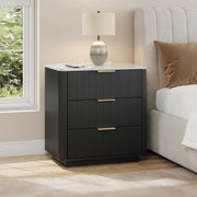 Fluted Nightstand with Charging Station, 3 Drawers & Faux Marble Top