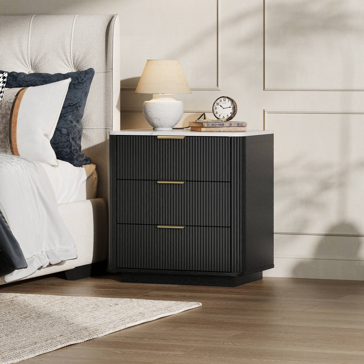 Fluted Nightstand with Charging Station, 3 Drawers & Faux Marble Top