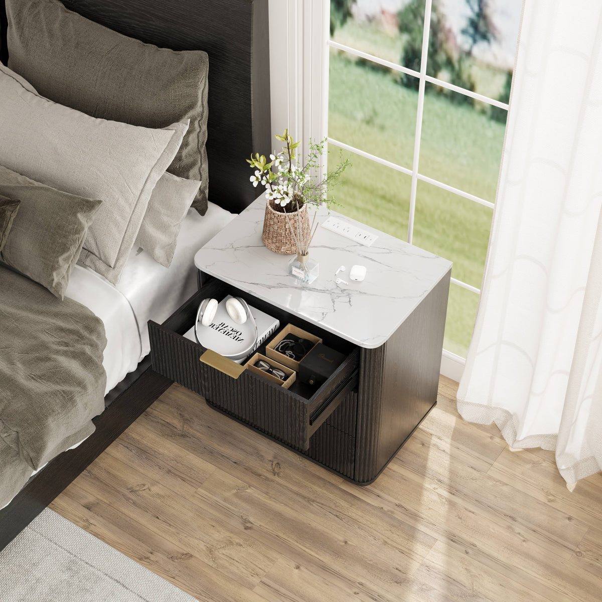 Fluted Nightstand with Charging Station, 3 Drawers & Faux Marble Top