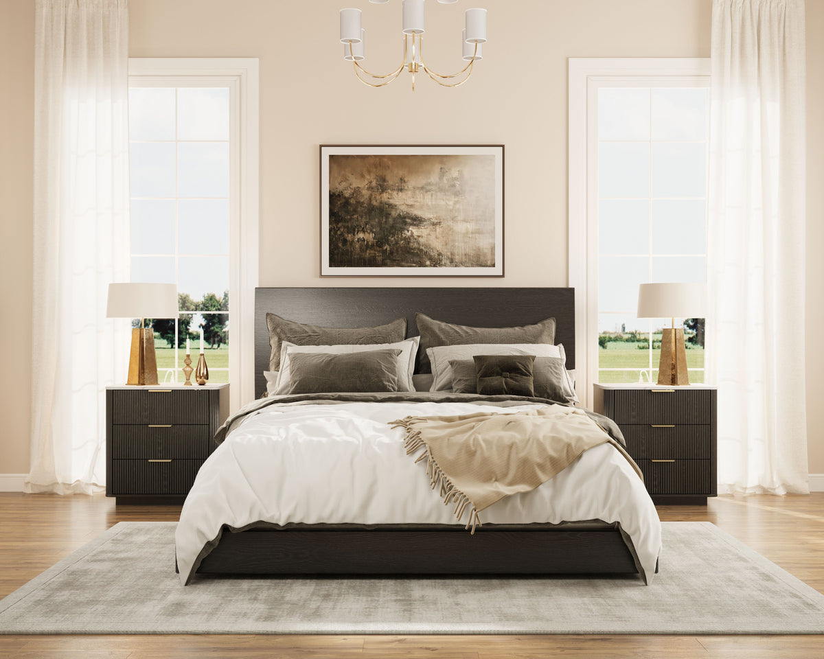 Fluted Nightstand with Charging Station, 3 Drawers & Faux Marble Top