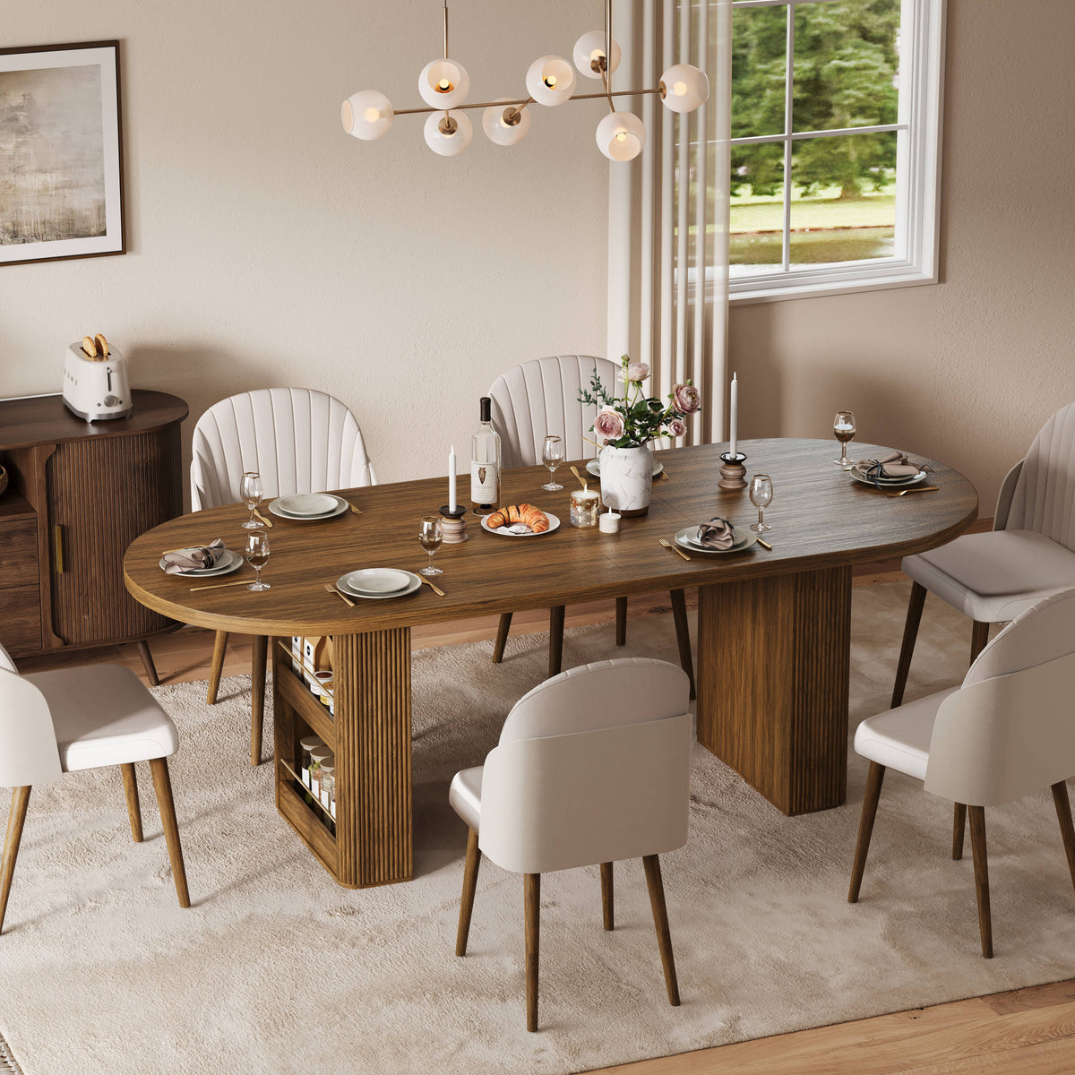 63"–86" Extendable Dining Table for 4–10 People, Large Wood Dining Table with Fluted Base