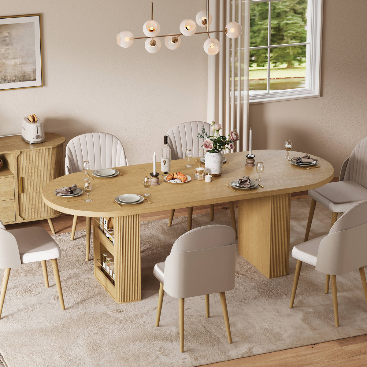 63"–86" Extendable Dining Table for 4–10 People, Large Wood Dining Table with Fluted Base