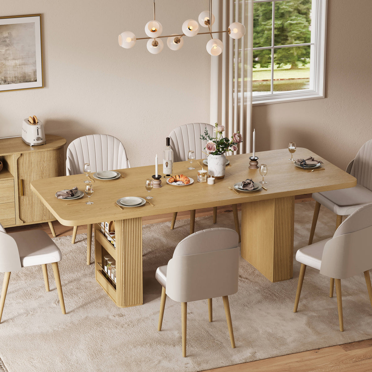 63"–86" Extendable Dining Table for 4–10 People, Large Wood Dining Table with Fluted Base