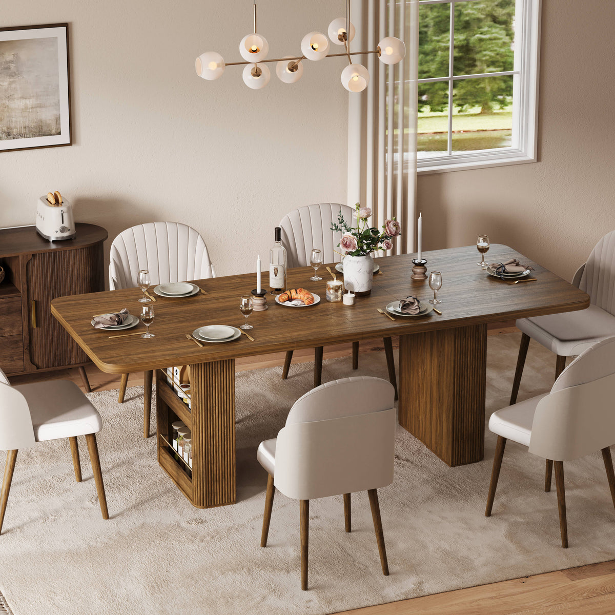 63"–86" Extendable Dining Table for 4–10 People, Large Wood Dining Table with Fluted Base