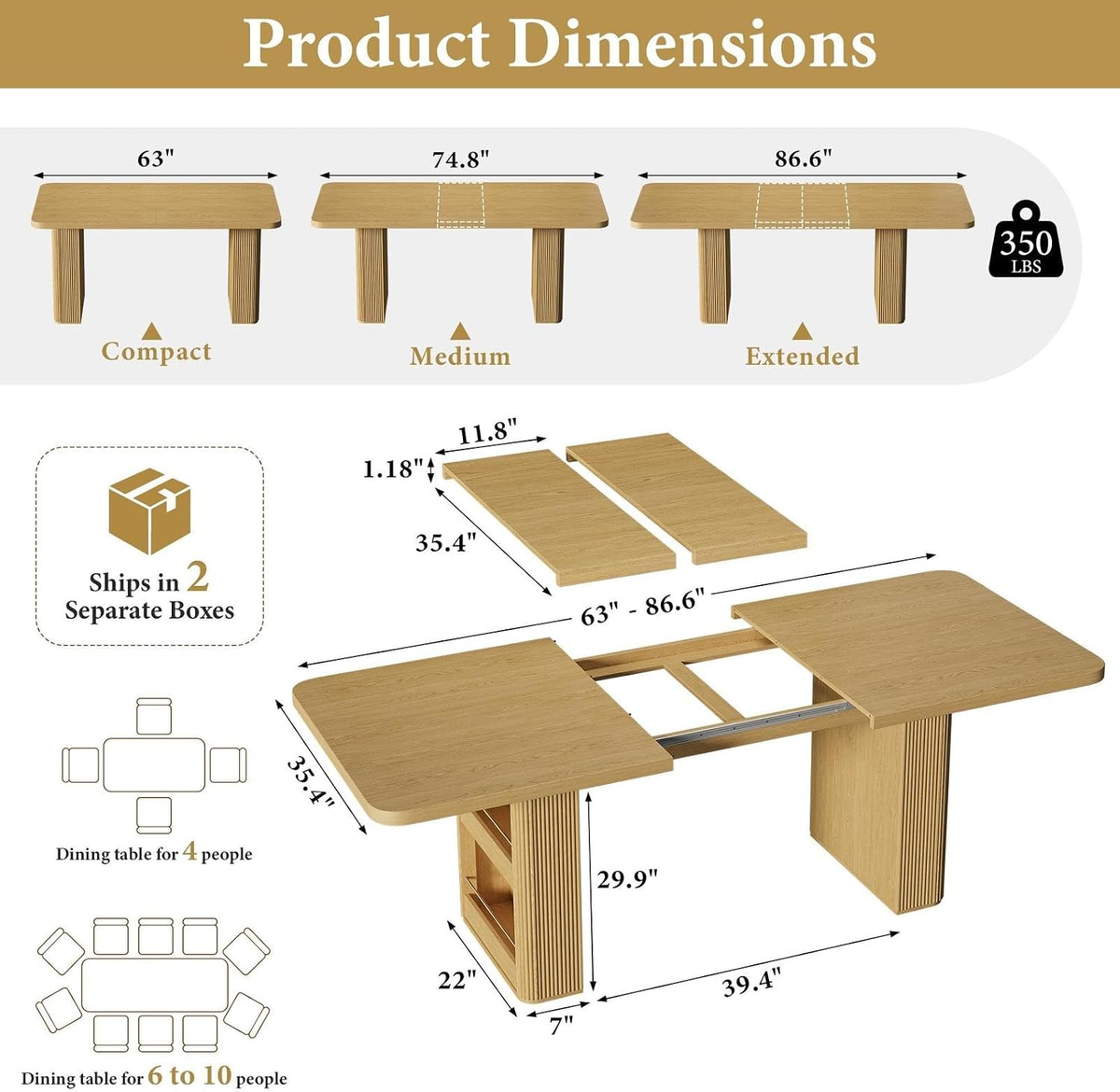 63"–86" Extendable Dining Table for 4–10 People, Large Wood Dining Table with Fluted Base