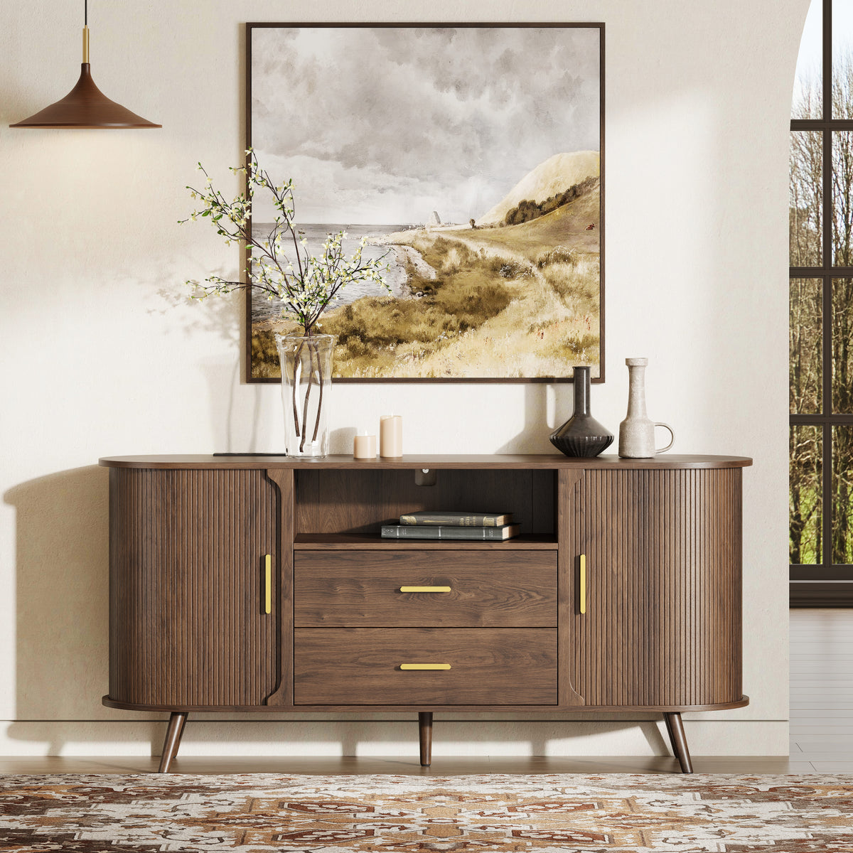60" Fluted Sideboard Cabinet with Sliding Doors & Adjustable Shelf
