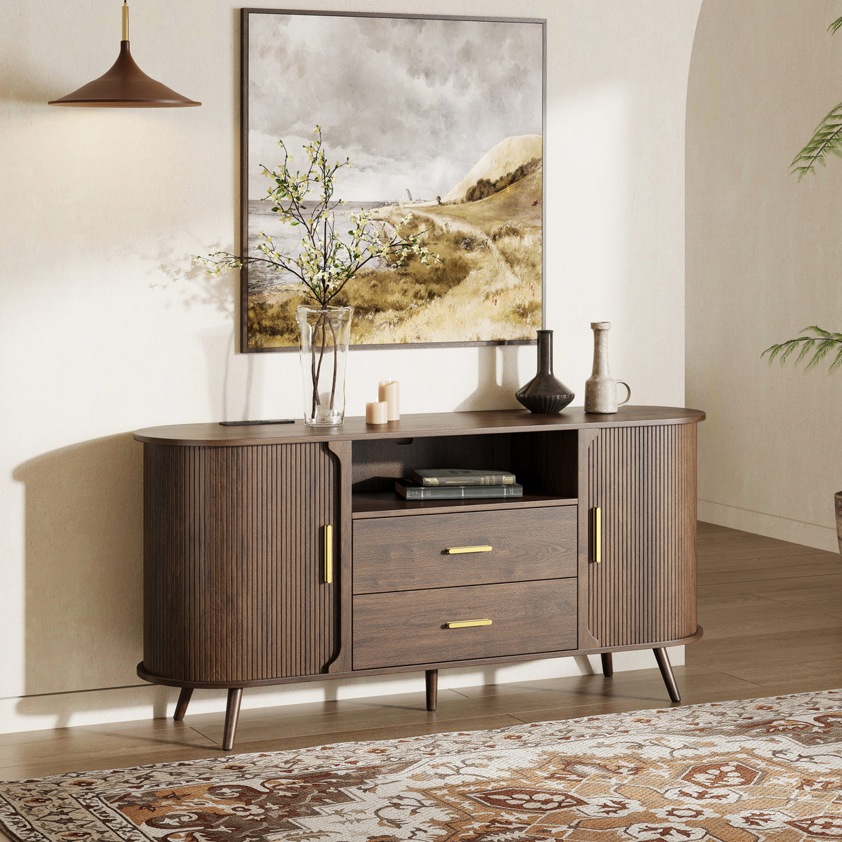 60" Fluted Sideboard Cabinet with Sliding Doors & Adjustable Shelf