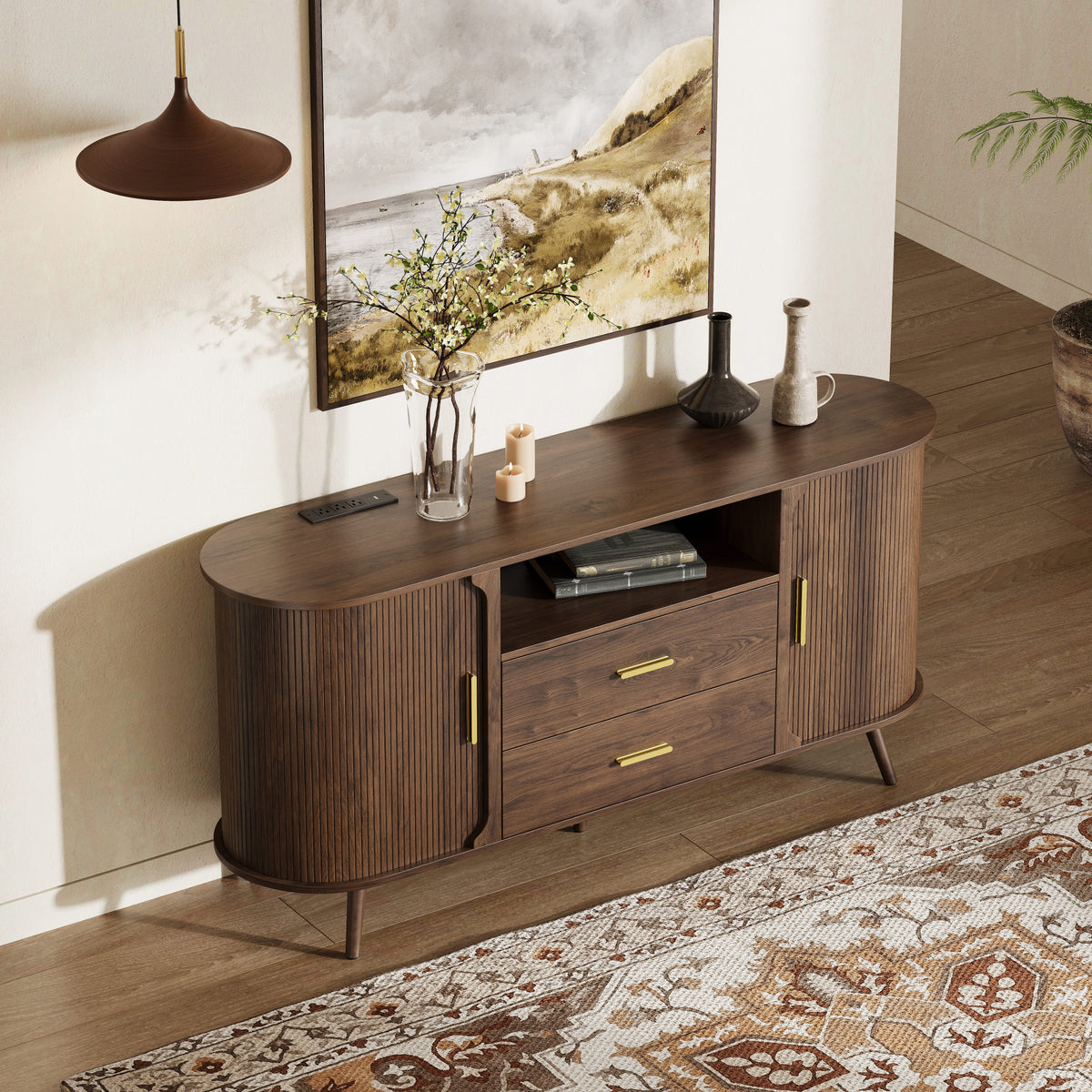 60" Fluted Sideboard Cabinet with Sliding Doors & Adjustable Shelf