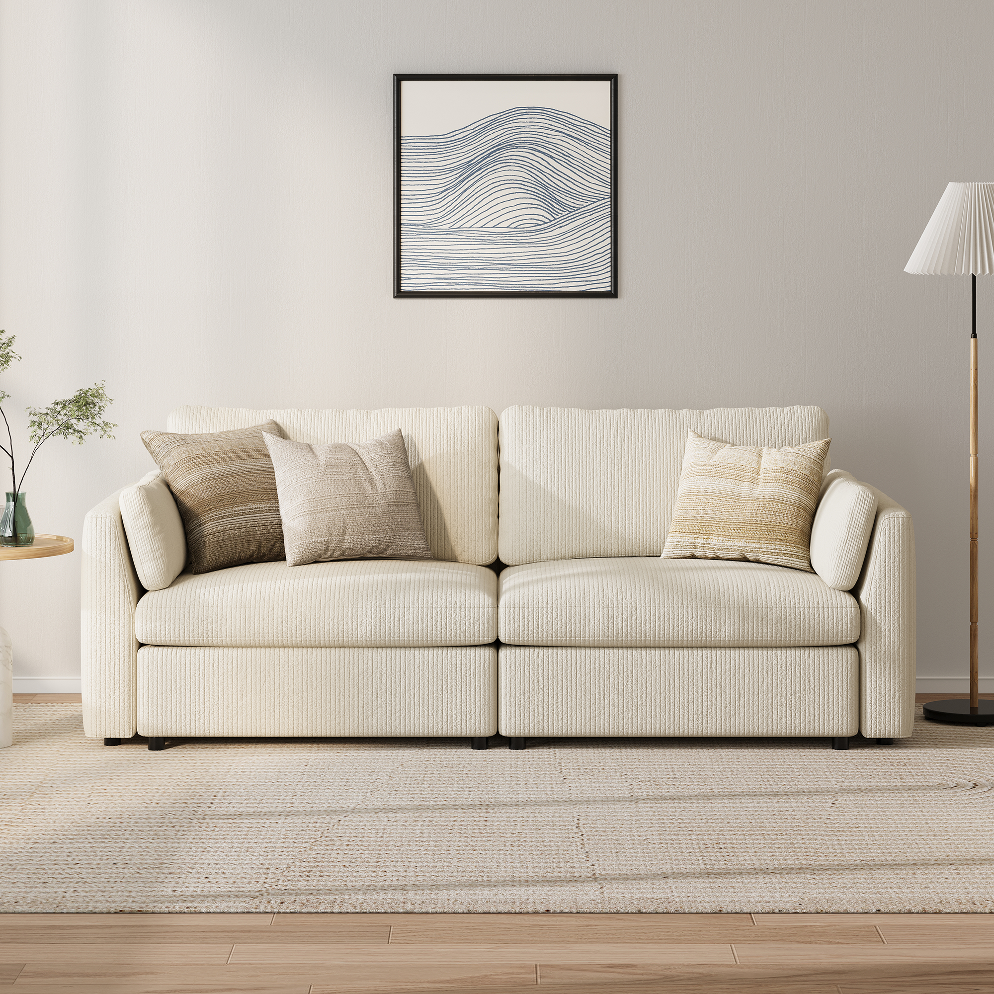 2-Seater Cream Corduroy Modular Sofa with Deep Seat