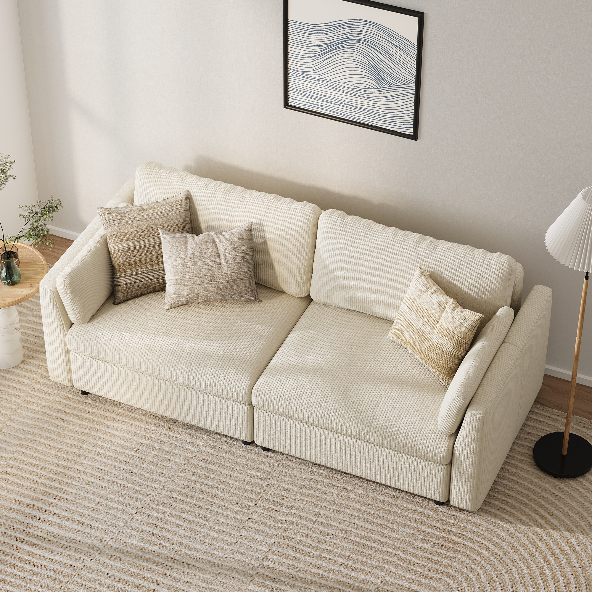 2-Seater Cream Corduroy Modular Sofa with Deep Seat