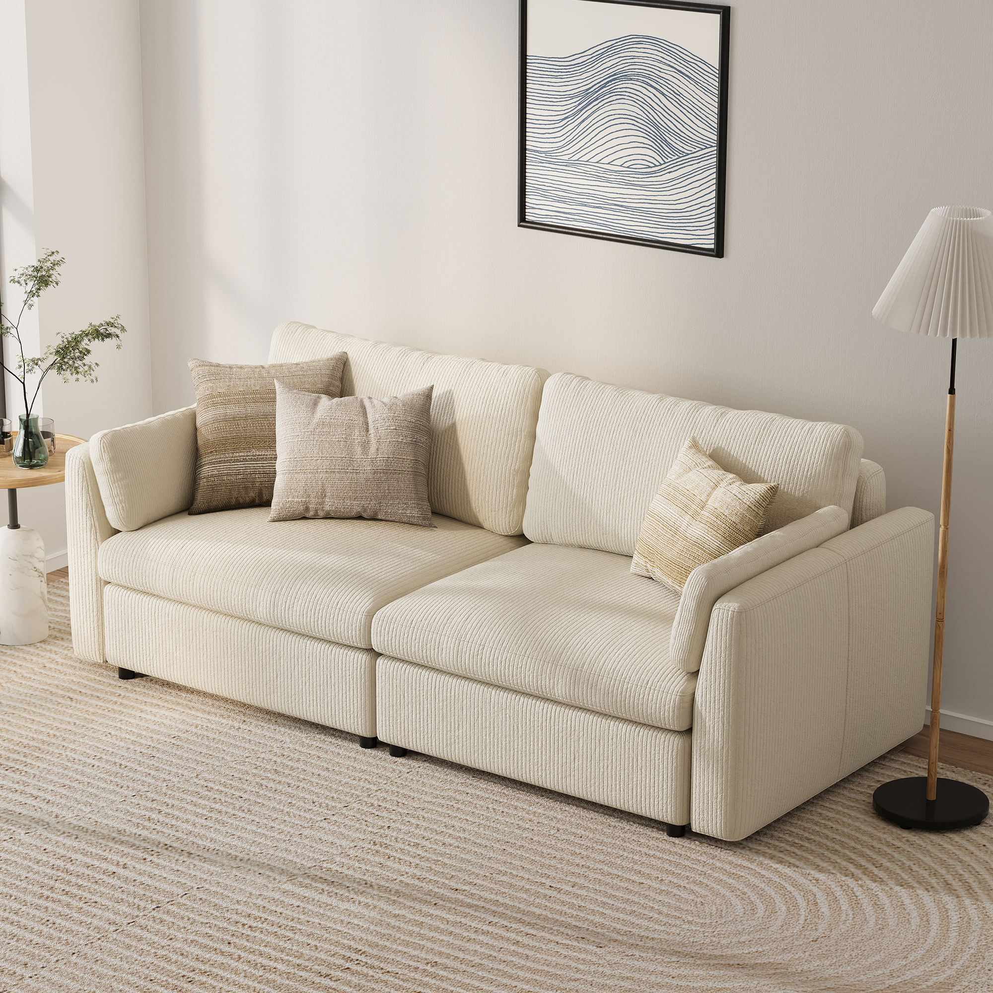 2-Seater Cream Corduroy Modular Sofa with Deep Seat