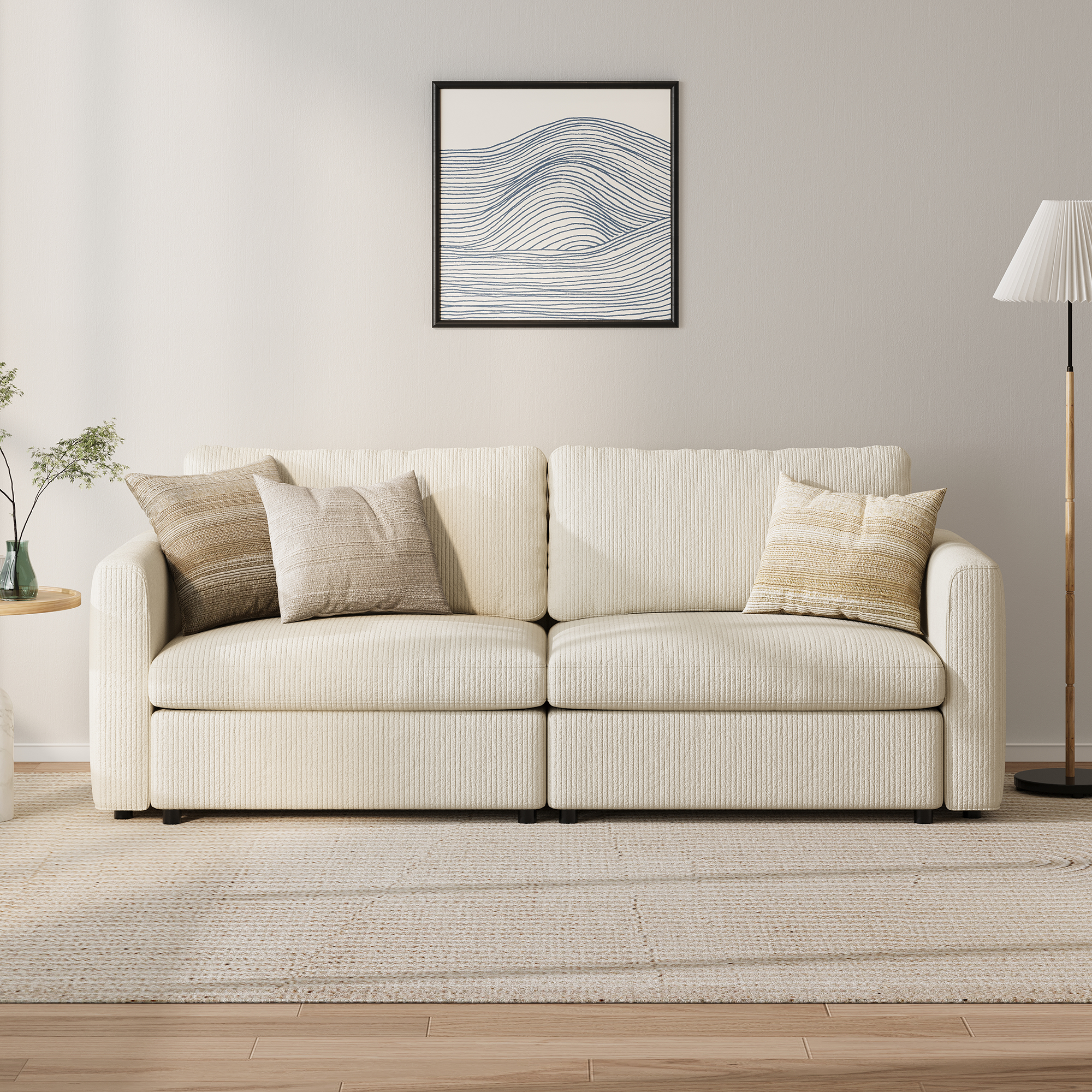 2-Seater Cream Corduroy Modular Sofa with Deep Seat