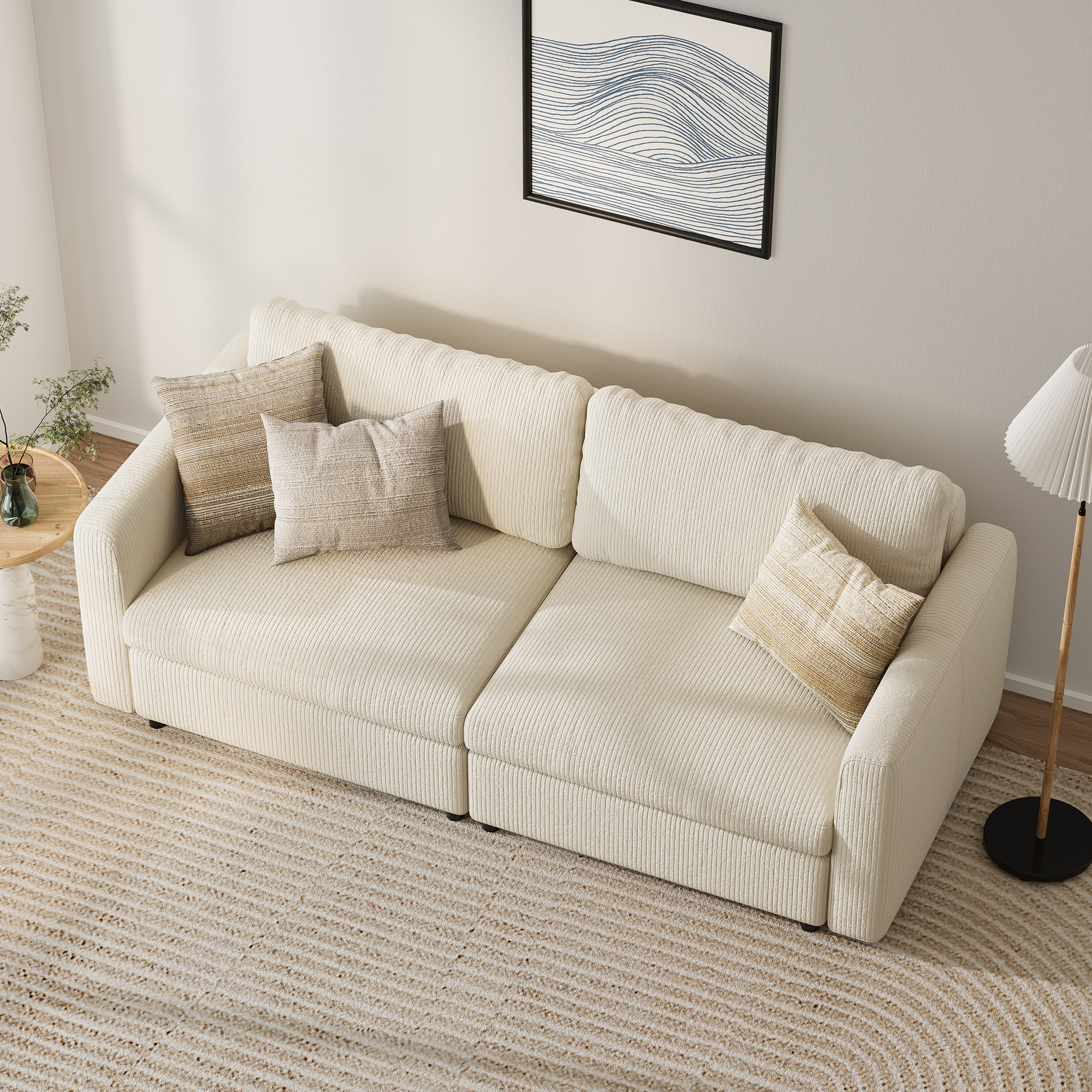 2-Seater Cream Corduroy Modular Sofa with Deep Seat