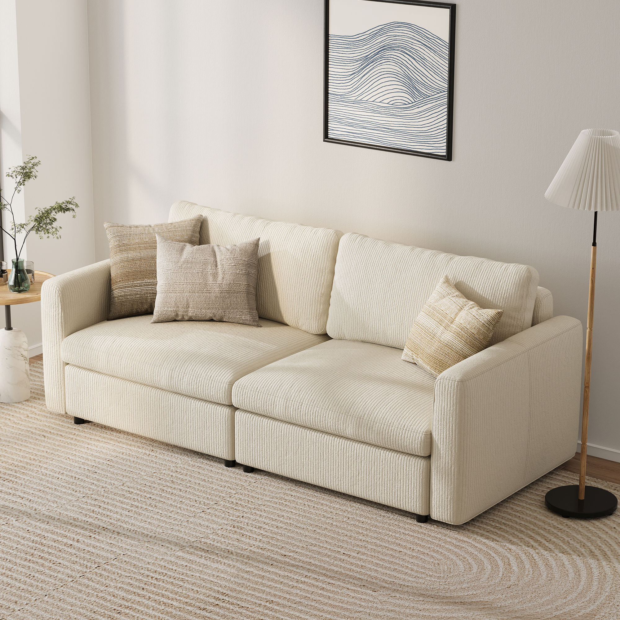 2-Seater Cream Corduroy Modular Sofa with Deep Seat