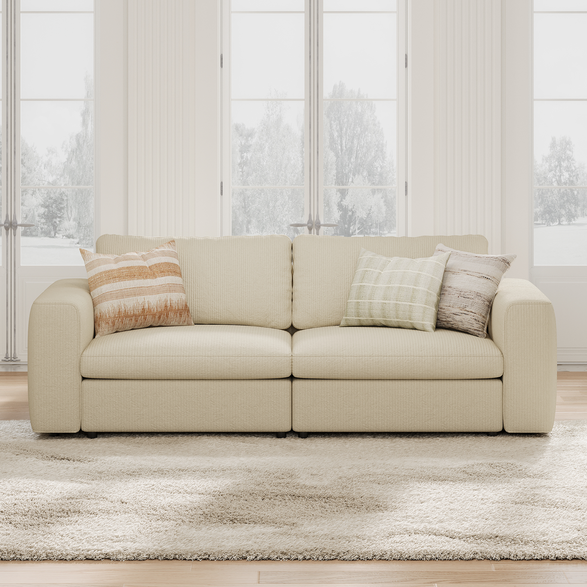 2-Seater Cream Corduroy Modular Sofa with Deep Seat