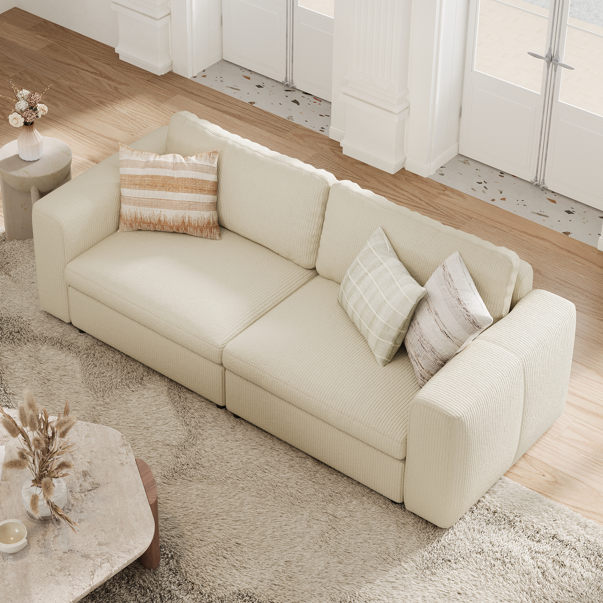2-Seater Cream Corduroy Modular Sofa with Deep Seat