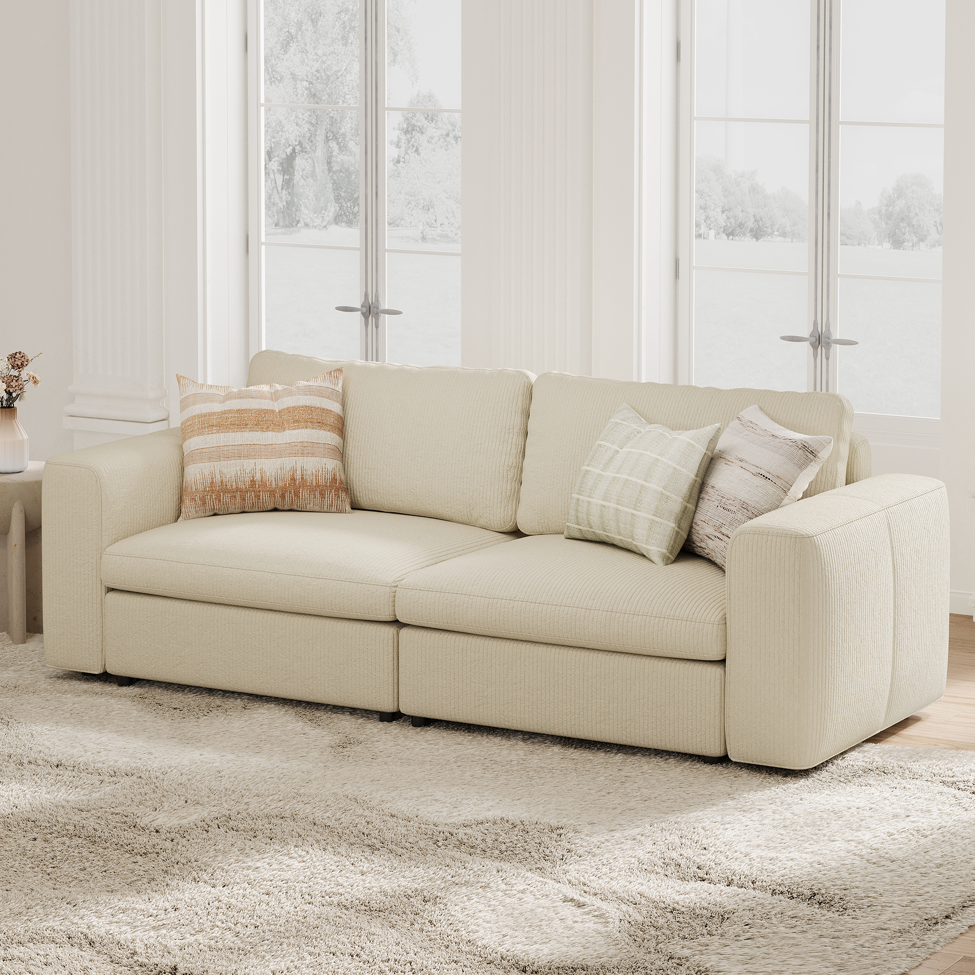 2-Seater Cream Corduroy Modular Sofa with Deep Seat