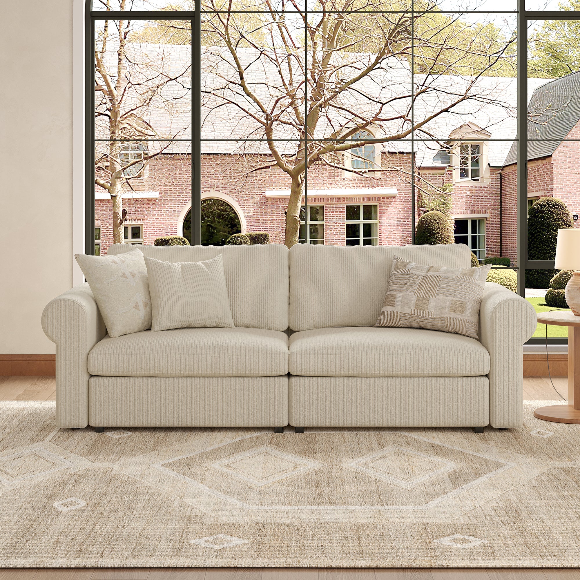 2-Seater Cream Corduroy Modular Sofa with Deep Seat