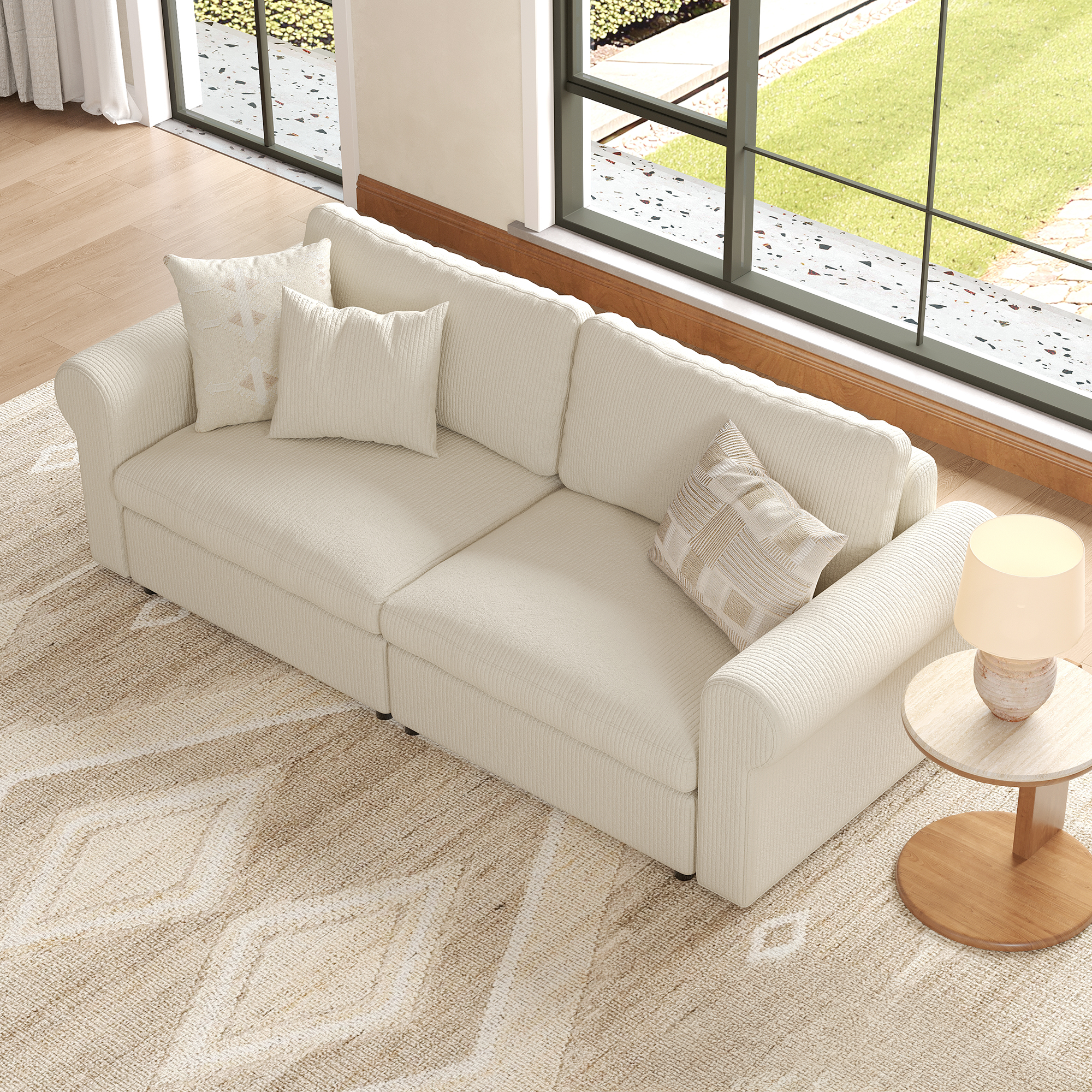 2-Seater Cream Corduroy Modular Sofa with Deep Seat