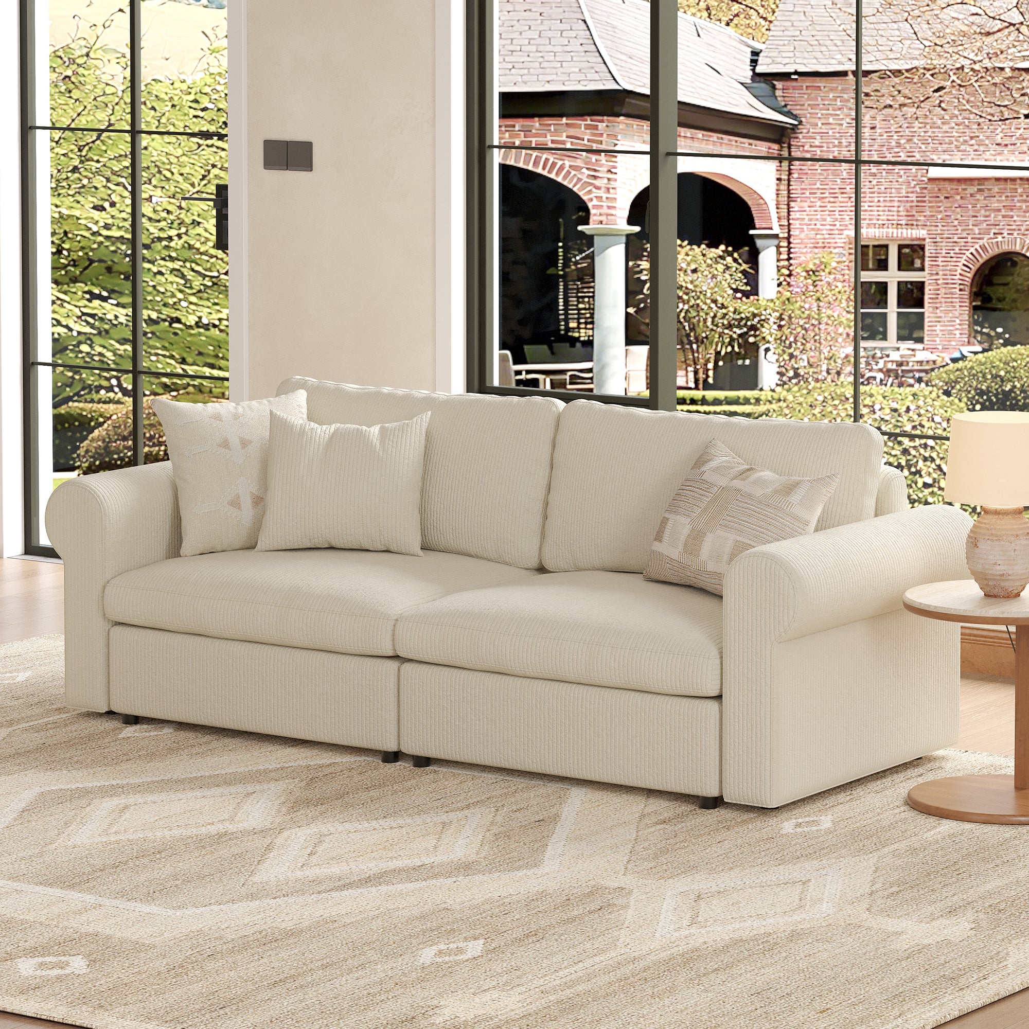 2-Seater Cream Corduroy Modular Sofa with Deep Seat