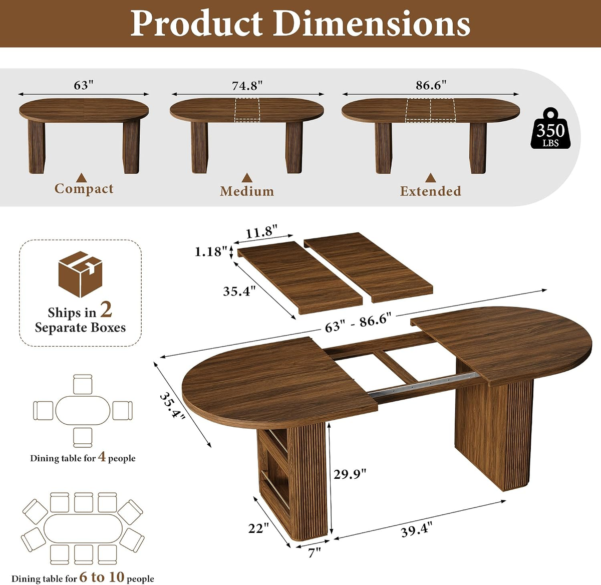 63"–86" Extendable Dining Table for 4–10 People, Large Wood Dining Table with Fluted Base