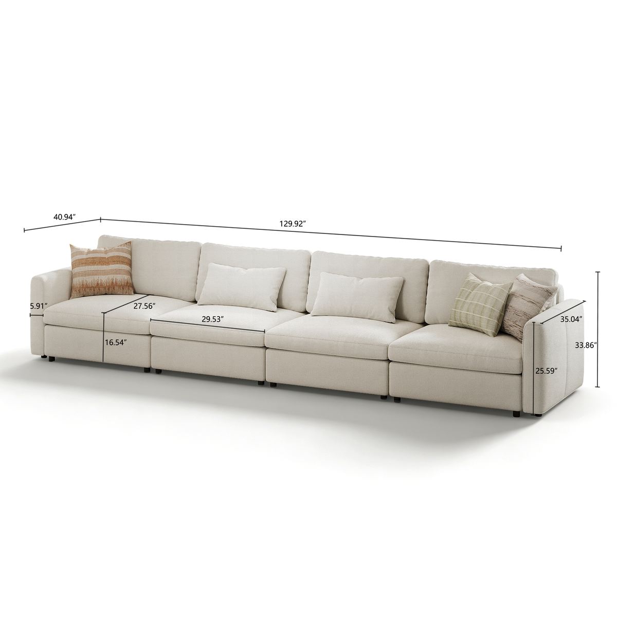 4-Seater Modular Sofa in Cream Chenille - 29.5" W x 27.5" D Per Seat