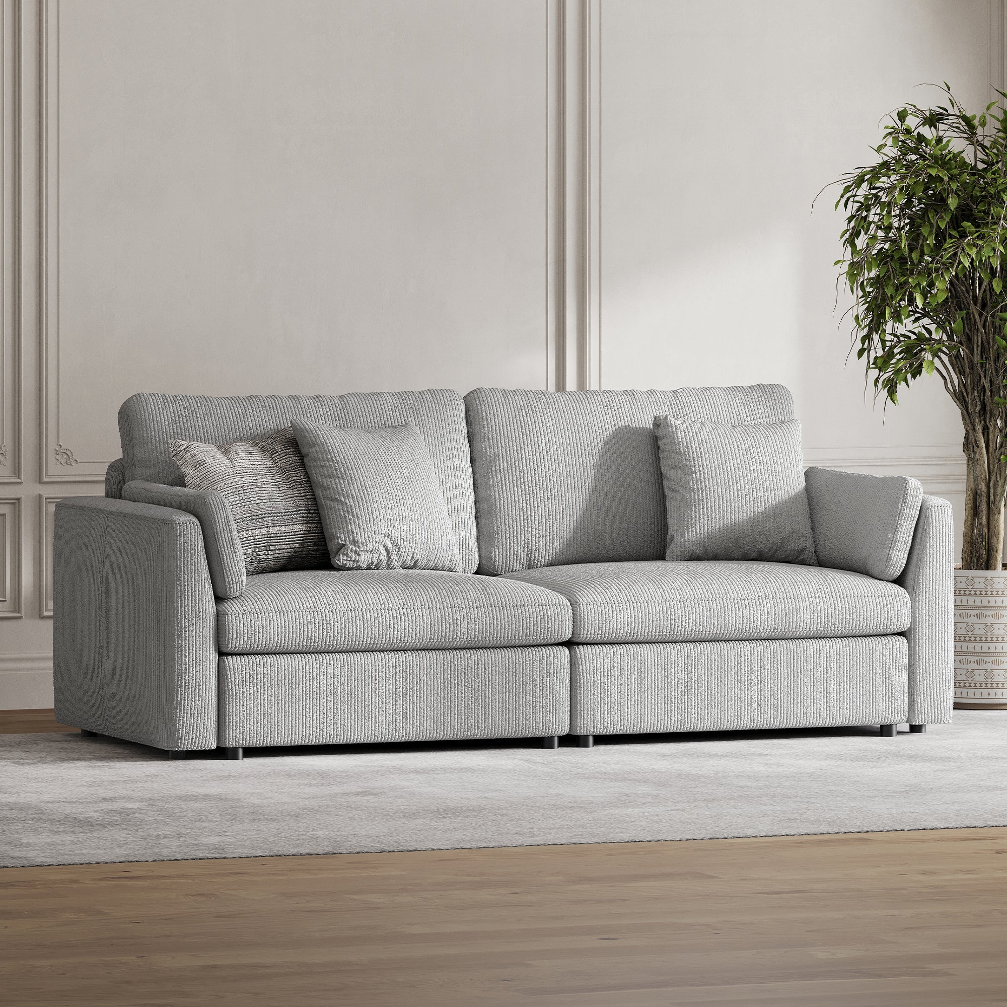 2-Seater Dove Grey Corduroy Modular Sofa with Wide Seat