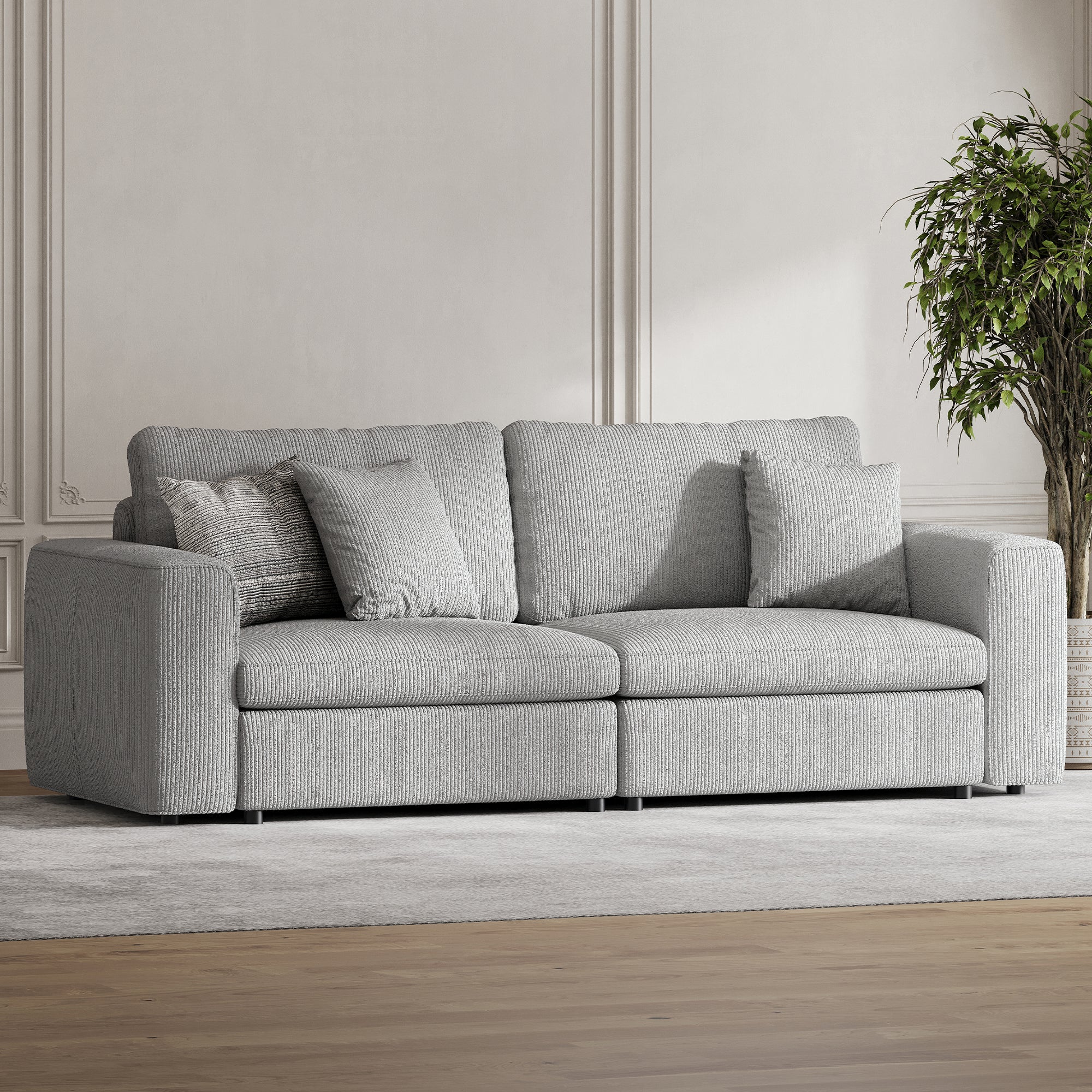2-Seater Dove Grey Corduroy Modular Sofa with Wide Seat