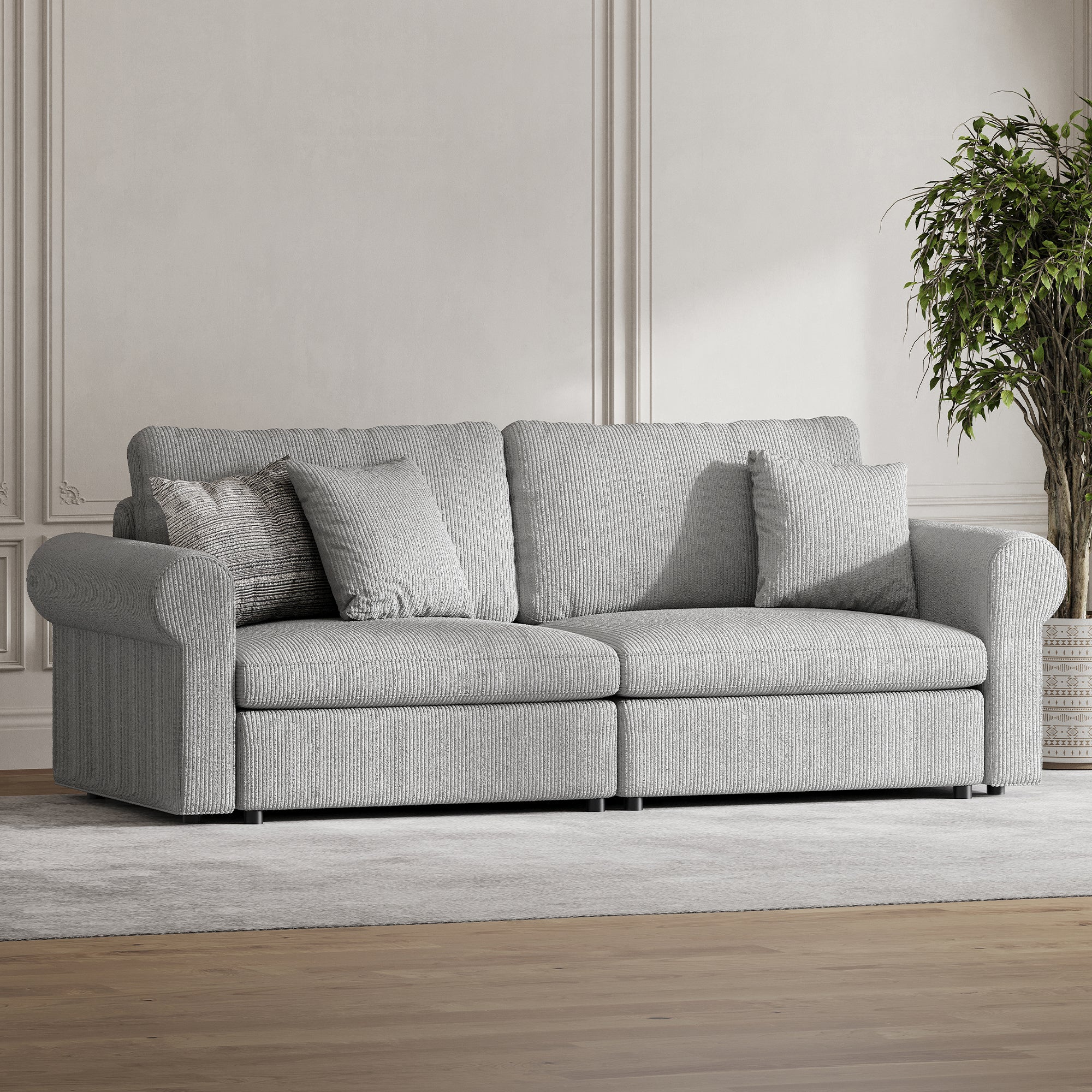 2-Seater Dove Grey Corduroy Modular Sofa with Wide Seat