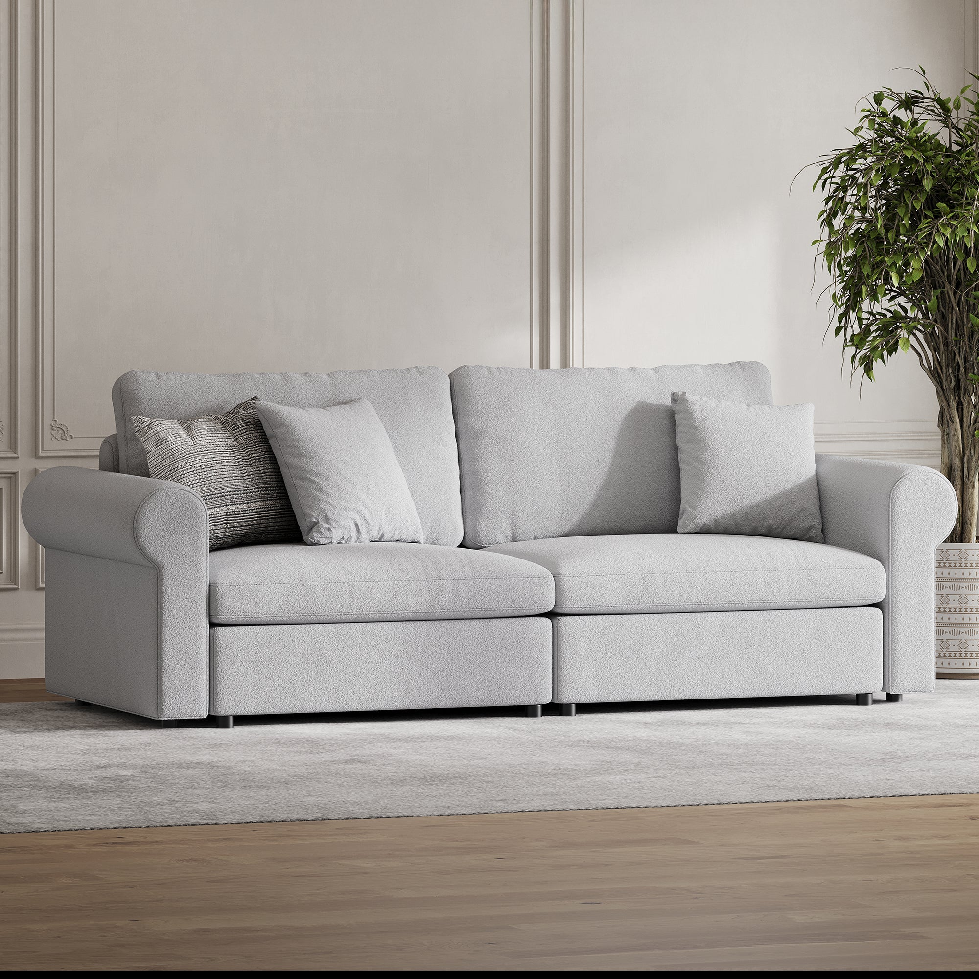2-Seater Dove Grey Chenille Modular Sofa with Wide Seat