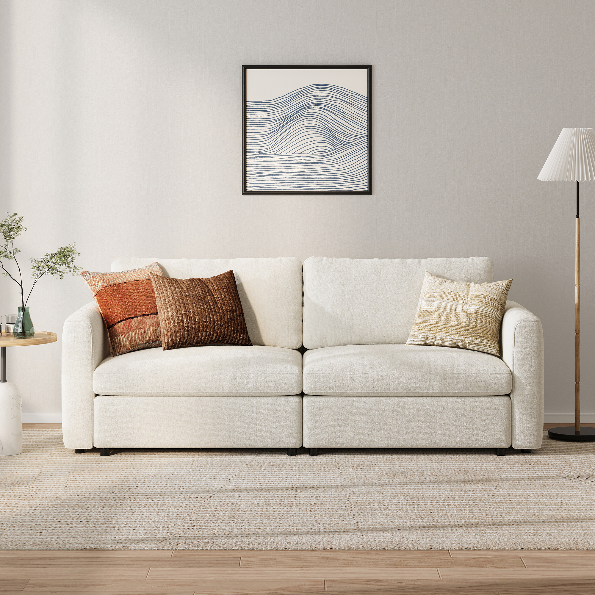 2-Seater Cream Chenille Modular Sofa with Deep Seat