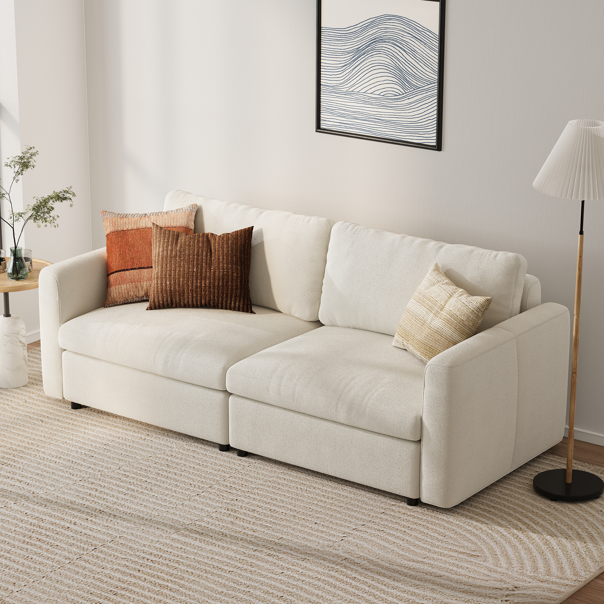 2-Seater Cream Chenille Modular Sofa with Deep Seat