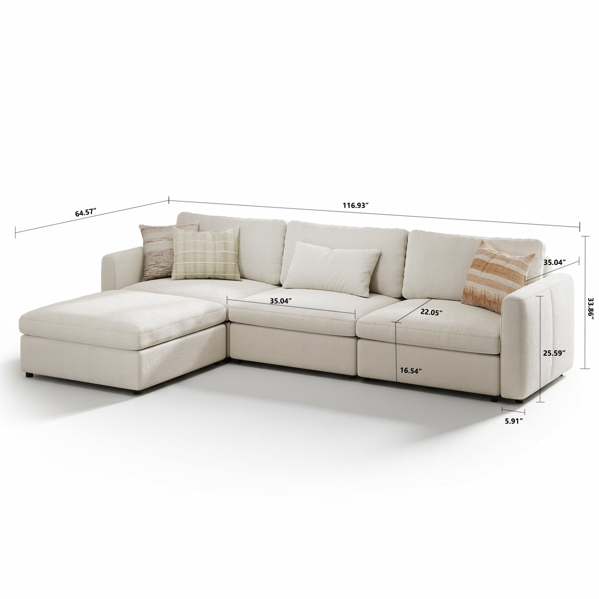 3-Seater + Ottoman Dove Grey Chenille Modular Sofa with Wide Seat