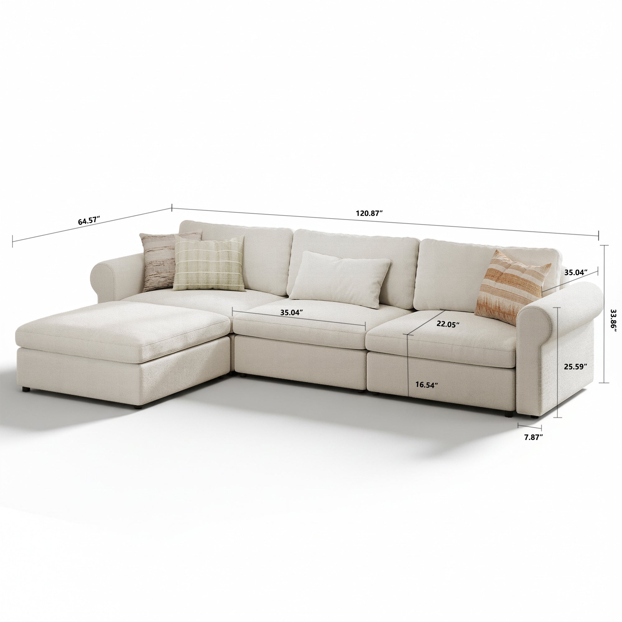 3-Seater + Ottoman Cream Chenille Modular Sofa with Deep Seat