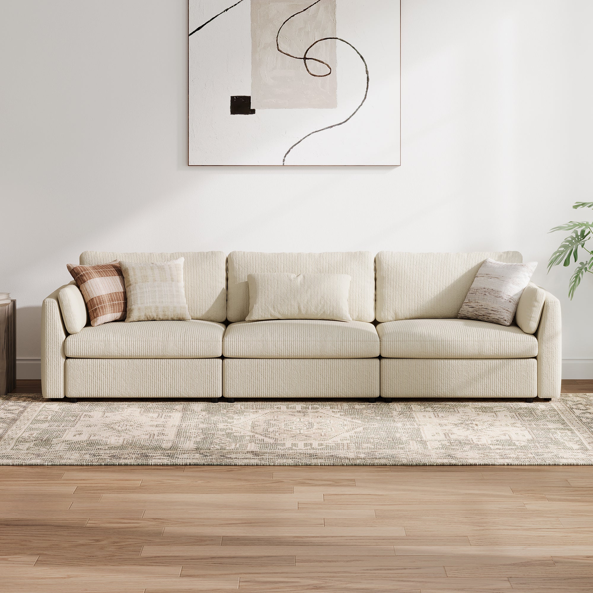 3-Seater Cream Corduroy Modular Sofa with Deep Seat