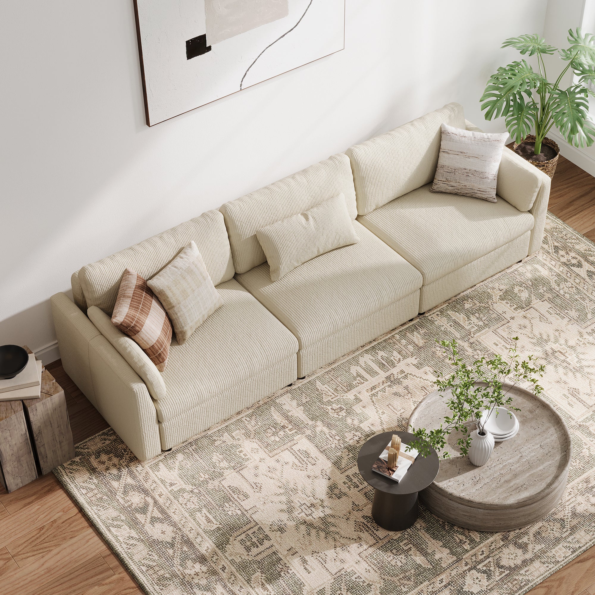 3-Seater Cream Corduroy Modular Sofa with Deep Seat