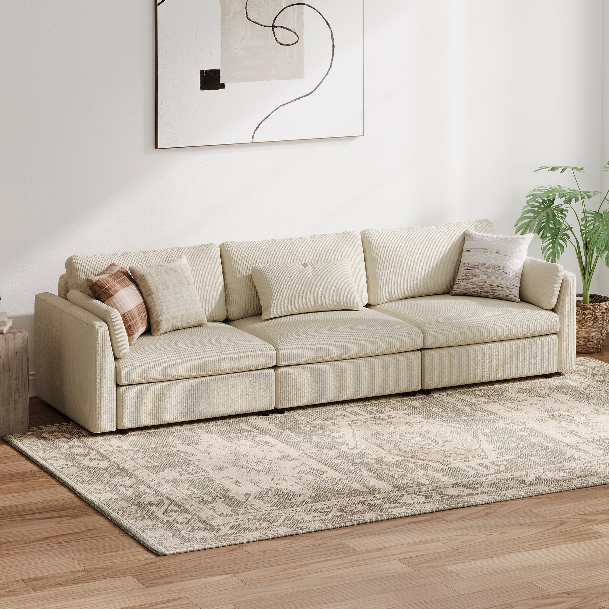 3-Seater Cream Corduroy Modular Sofa with Deep Seat