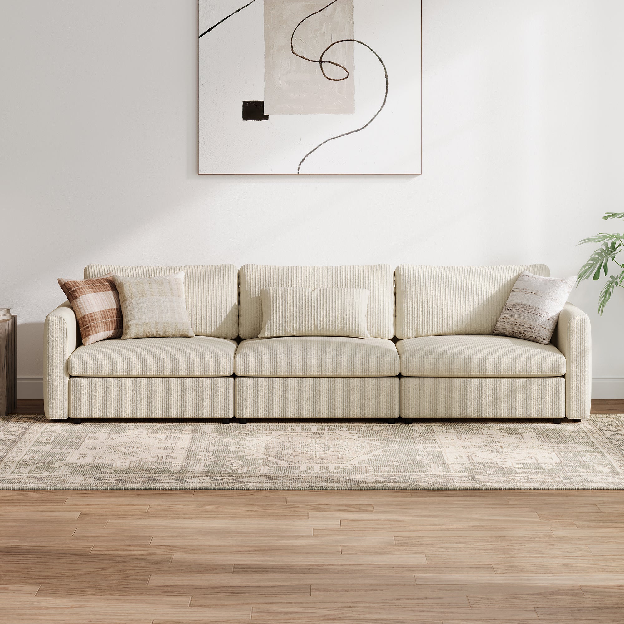 3-Seater Cream Corduroy Modular Sofa with Deep Seat